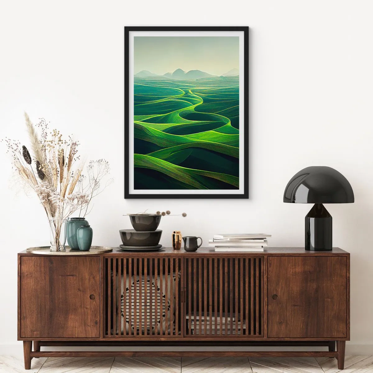 Poster in black frame - Green rolling fields with a view of the mountains - 50x70cm - In Green Valleys - Modern wall decoration for the living room and bedroom ARTTOR
