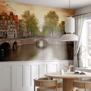 Photo Wallpaper Premium Sand - By Boat or by Bike? - City, Amsterdam, Boat Bridge Canal - 300x210 cm