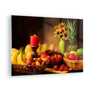 Glass picture - A composition of fruit, bread and a candle in a rustic style - 70x50cm - Still Nature with Bread and Fruit - Modern wall decoration for the living room and bedroom ARTTOR
