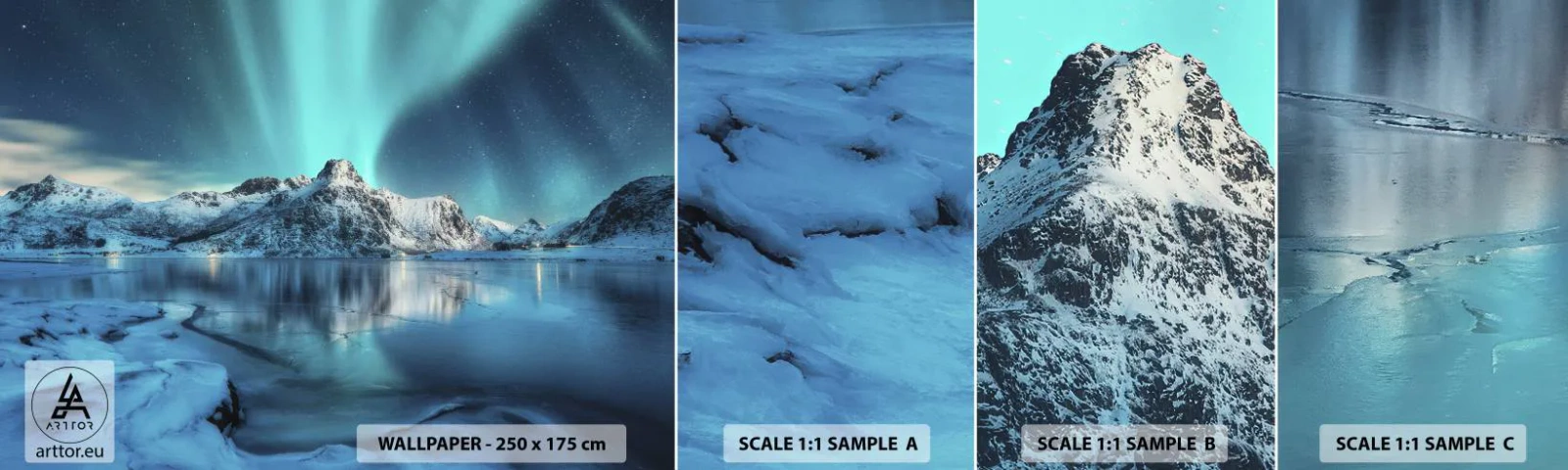 Photo Wallpaper Sample Self-Adhesive Deluxe Sticker - The Night of Light - Northern lights, Norway, Landscape - 100x30 cm