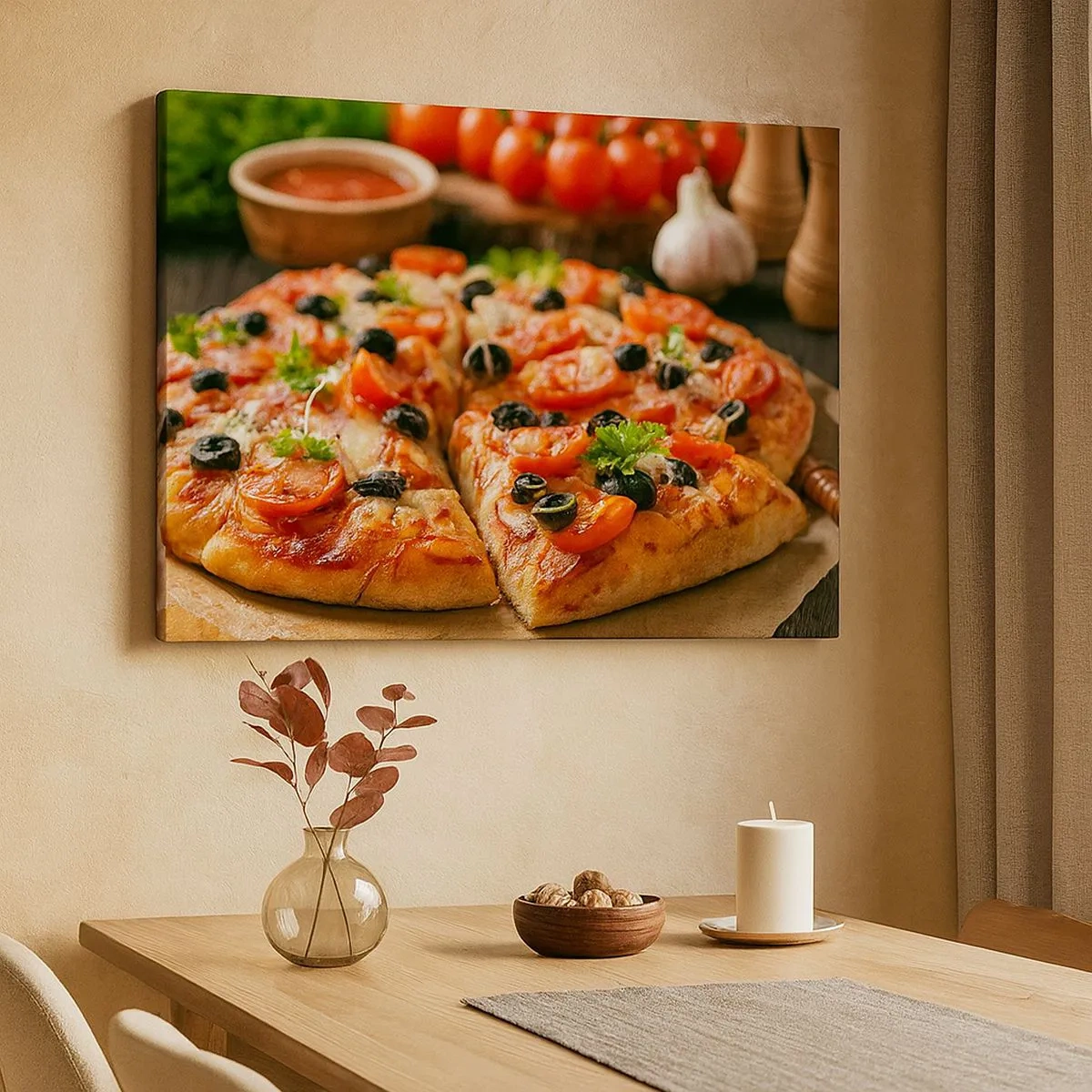 Canvas picture - Pizza with tomatoes, olives and fresh herbs on the table - 70x50cm - You Baked It Again - Modern wall decoration for the living room and bedroom ARTTOR