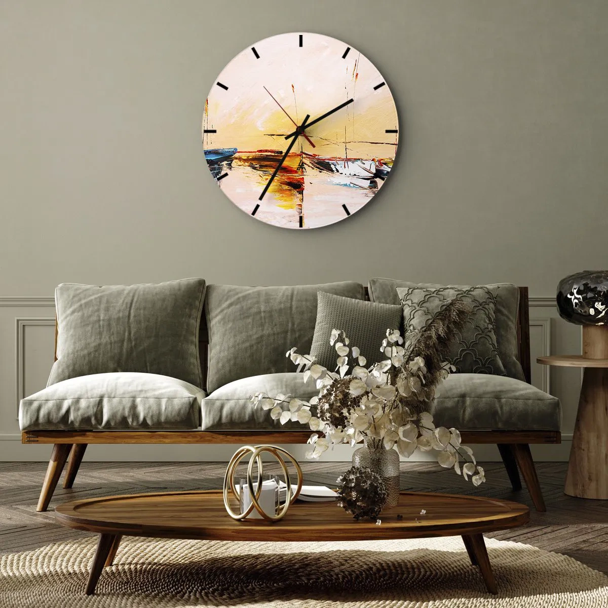 Wall clock - Clock on glass - Evening at the Harbour - 30x30 cm