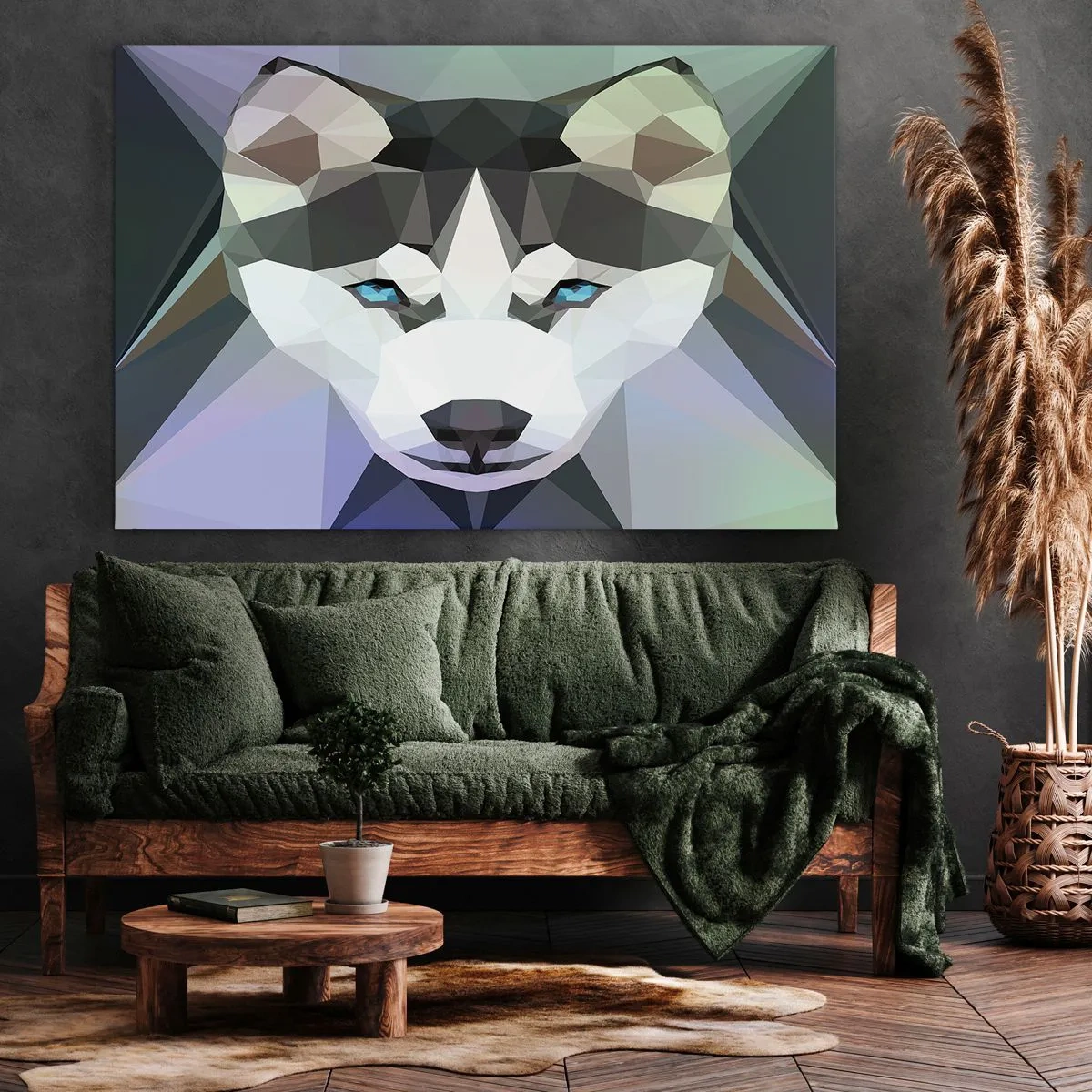Canvas picture - Geometric wolf with expressive blue eyes - 70x50cm - Memory of Northern Snow - Modern wall decoration for the living room and bedroom ARTTOR