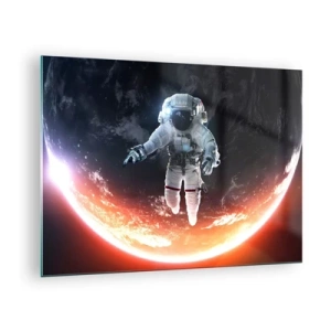Glass picture - Astronaut in space with a planet in the background - 70x50cm - Can I Stay a Bit More? - Modern wall decoration for the living room and bedroom ARTTOR