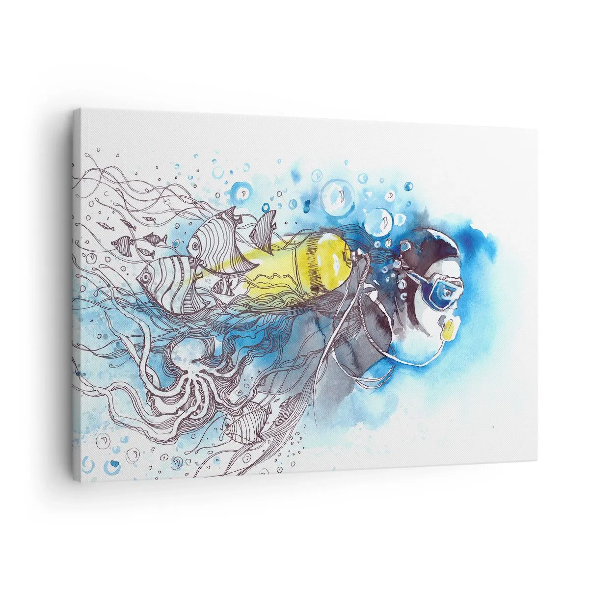 Canvas picture - Underwater scene with a diver and exotic fish - 70x50cm - Big Blue - Modern wall decoration for the living room and bedroom ARTTOR