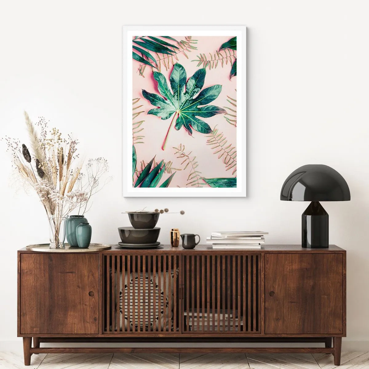 Poster in white frmae - Study in Green on Pink Background - 61x91 cm