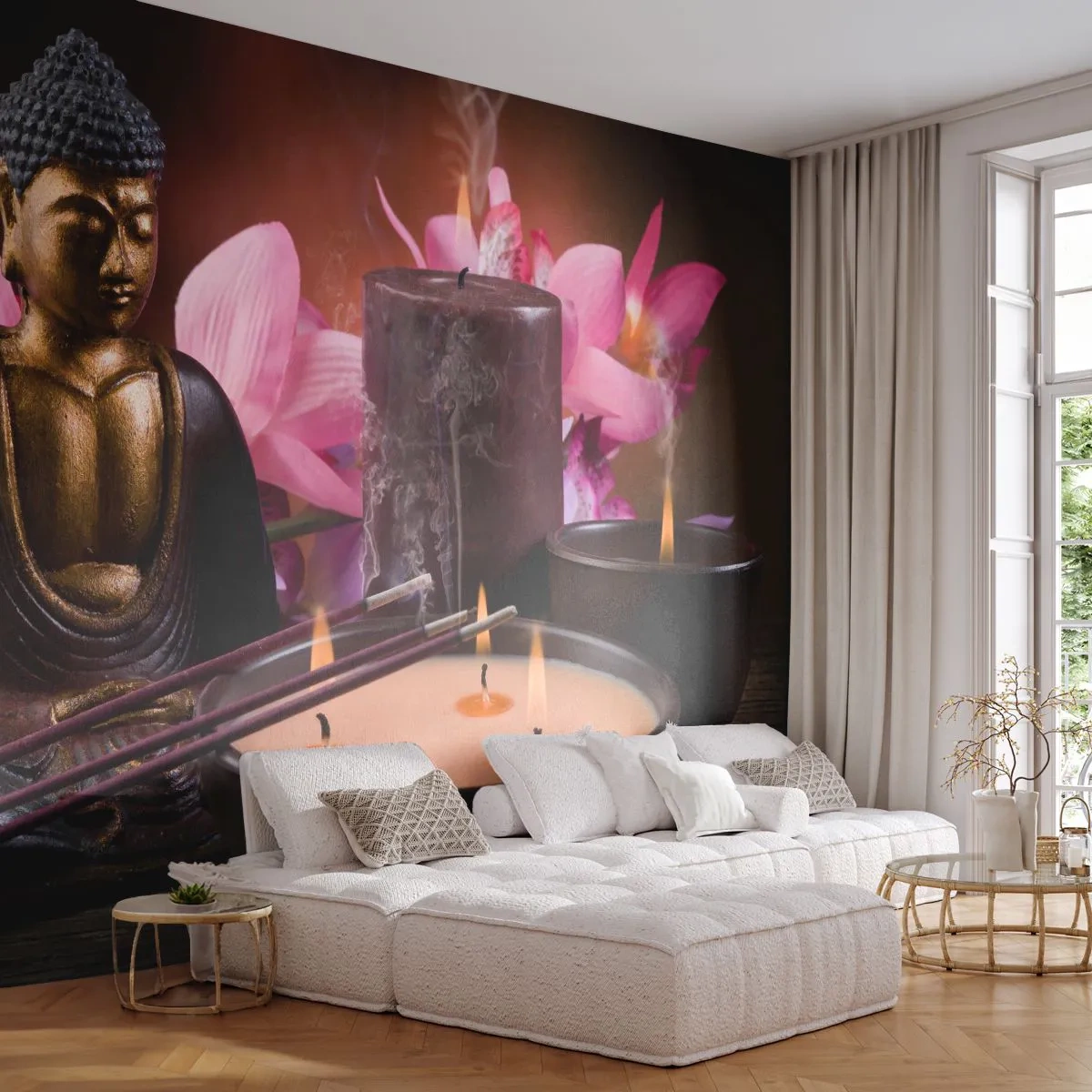 Self-Adhesive Photo Wallpaper Deluxe Sticker - Clear the Mind, Calm the Body - Buddha, Religion, Flowers - 400x280 cm