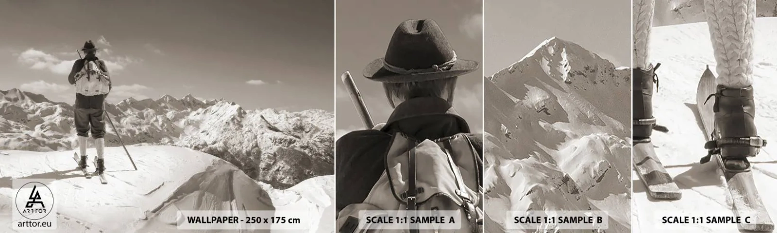 Photo Wallpaper Sample Self-Adhesive Deluxe Sticker - Mountains Are the Same - Landscape, Mountains, Skier - 100x30 cm