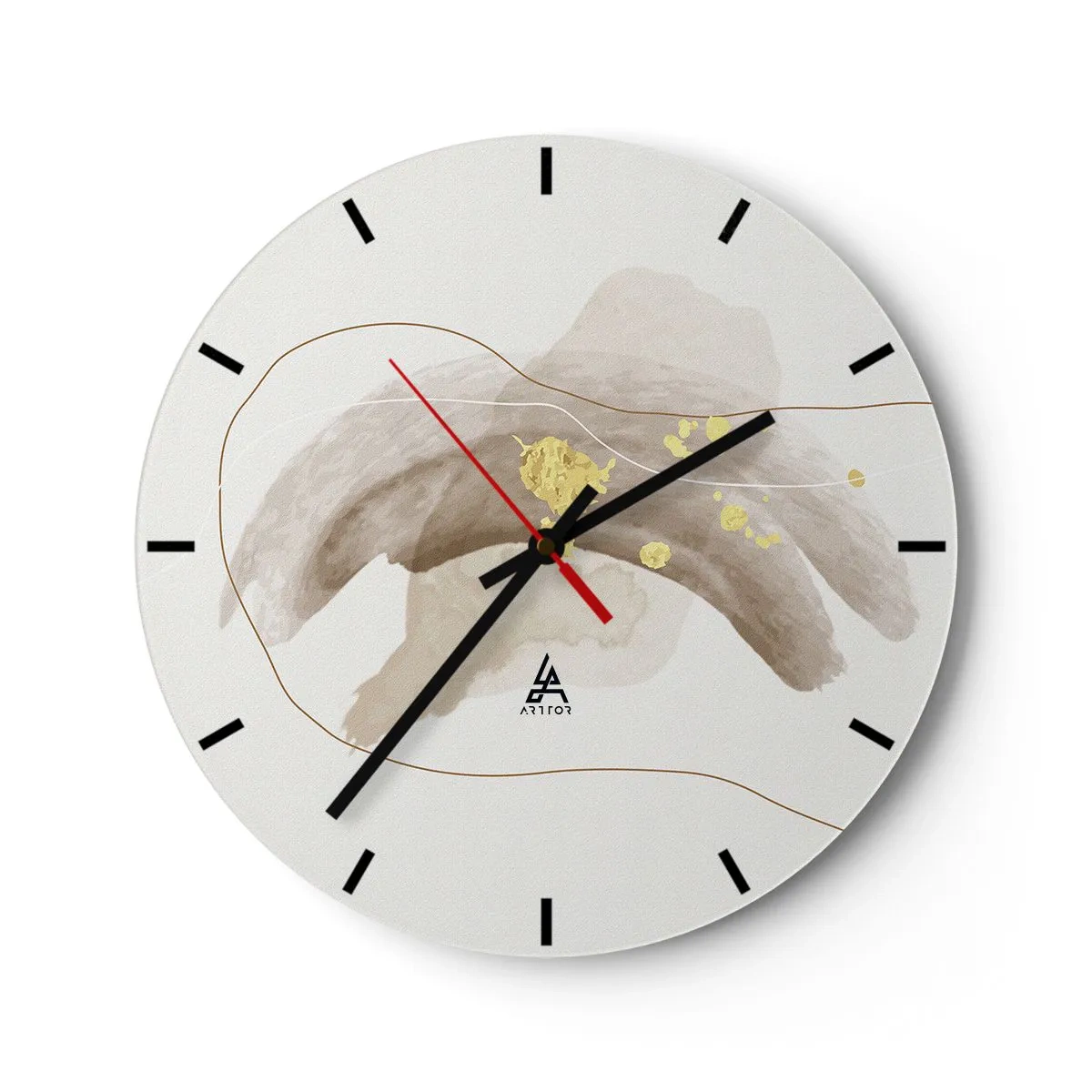 Wall clock - Clock on glass - An abstract composition with beige spots and gold accents. - 30x30cm - Encountered in Space - Modern wall decoration for the living room, kitchen, and bedroom ARTTOR