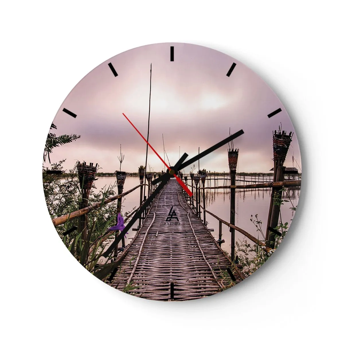 Wall clock - Clock on glass - A bamboo bridge leading into the depths of a tranquil lake - 30x30cm - Peace and Quiet of Asia - Modern wall decoration for the living room, kitchen, and bedroom ARTTOR