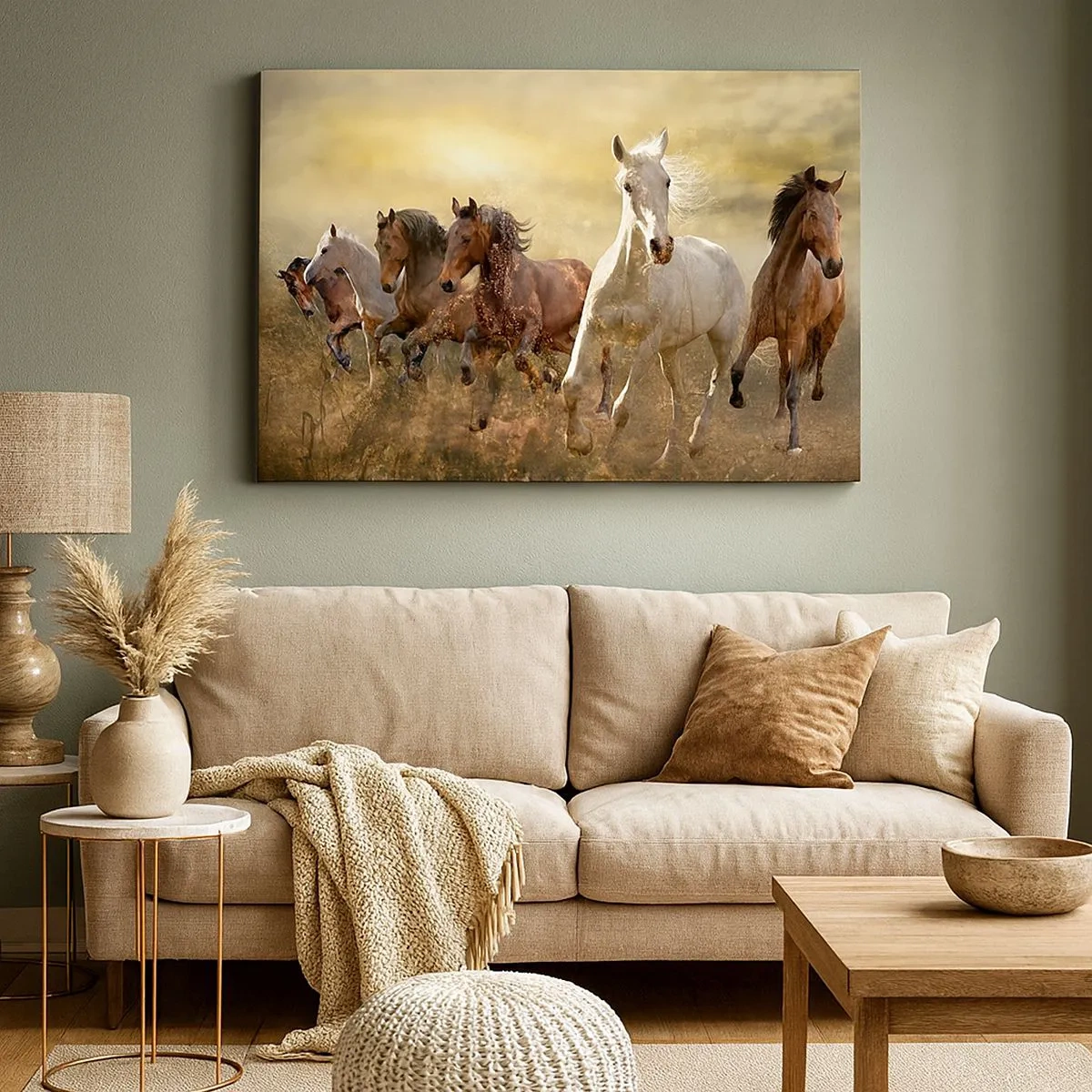 Canvas picture - A group of galloping horses against the backdrop of the setting sun - 70x50cm - Long Live Freedom! - Modern wall decoration for the living room and bedroom ARTTOR