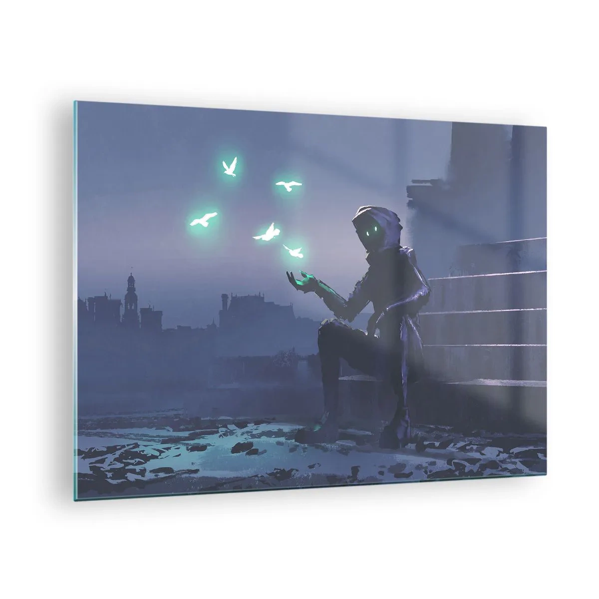 Glass picture - A figure in the dark surrounded by floating green birds - 70x50cm - Life Will Be Restored - Modern wall decoration for the living room and bedroom ARTTOR