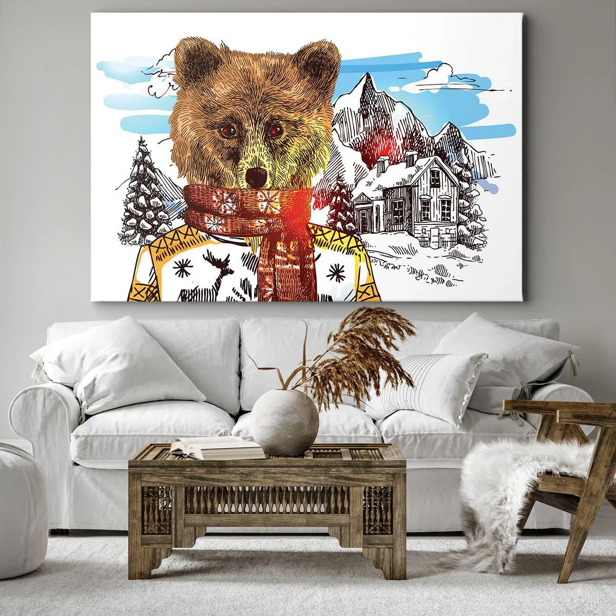 Canvas picture - A bear in a sweater and scarf with a mountain house in the background - 70x50cm - Little Bear's Hut - Modern wall decoration for the living room and bedroom ARTTOR