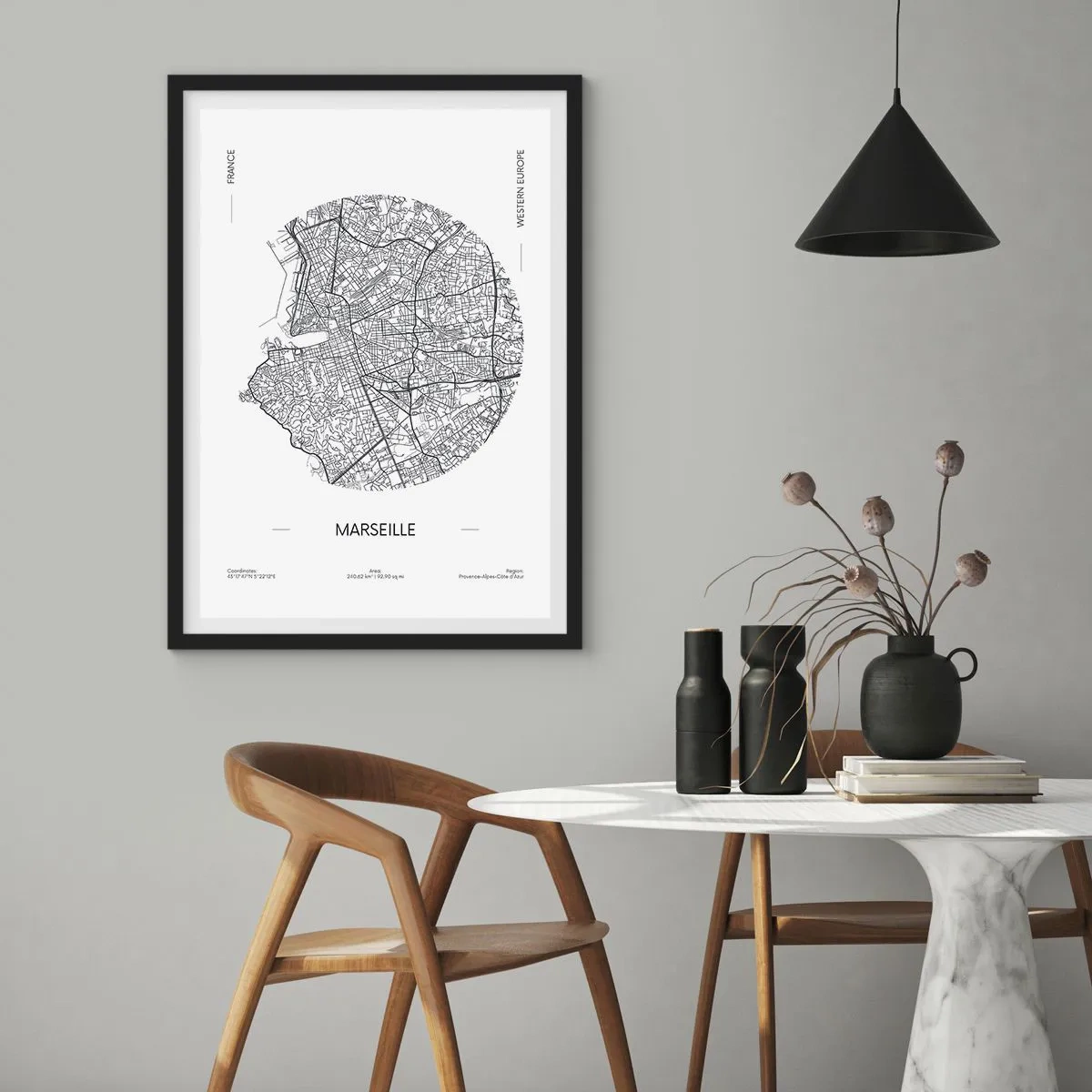 Poster in black frame - Minimalist map of Marseille in a circle - 50x70cm - Anatomy of Marseille - Modern wall decoration for the living room and bedroom ARTTOR