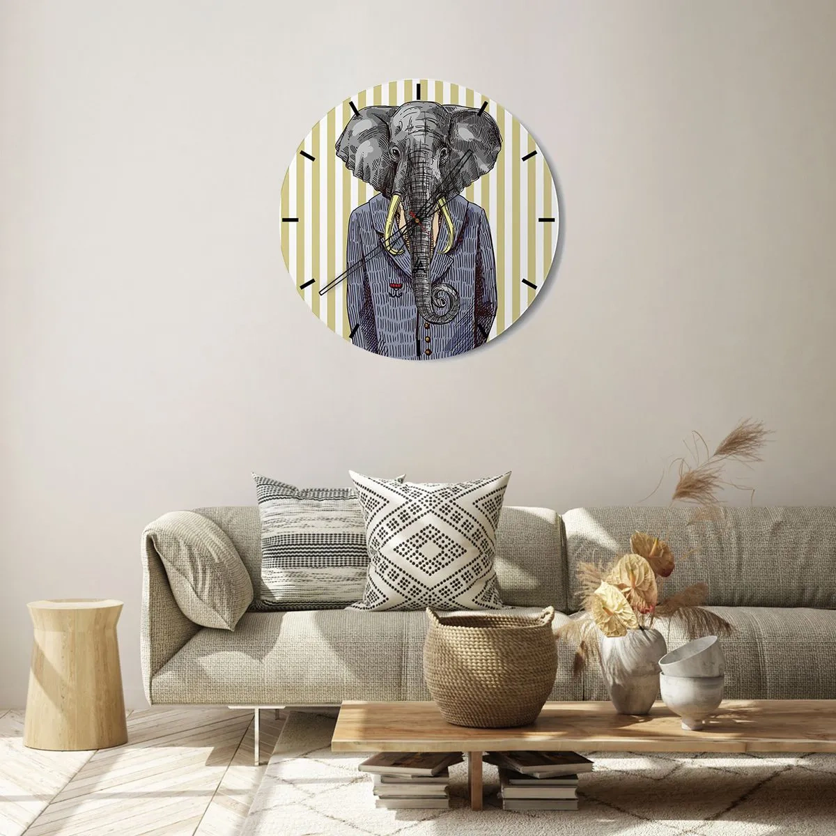 Wall clock - Clock on glass - An elegant drawing of an elephant in a suit against a background of vertical stripes. - 30x30cm - Elegant By Nature - Modern wall decoration for the living room, kitchen, and bedroom ARTTOR