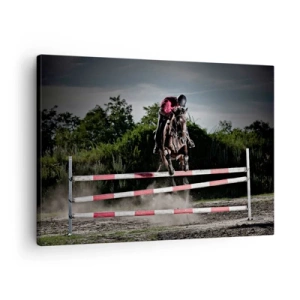 Canvas picture - A rider on a horse jumping over an obstacle on a racetrack - 70x50cm - Together for Victory - Modern wall decoration for the living room and bedroom ARTTOR
