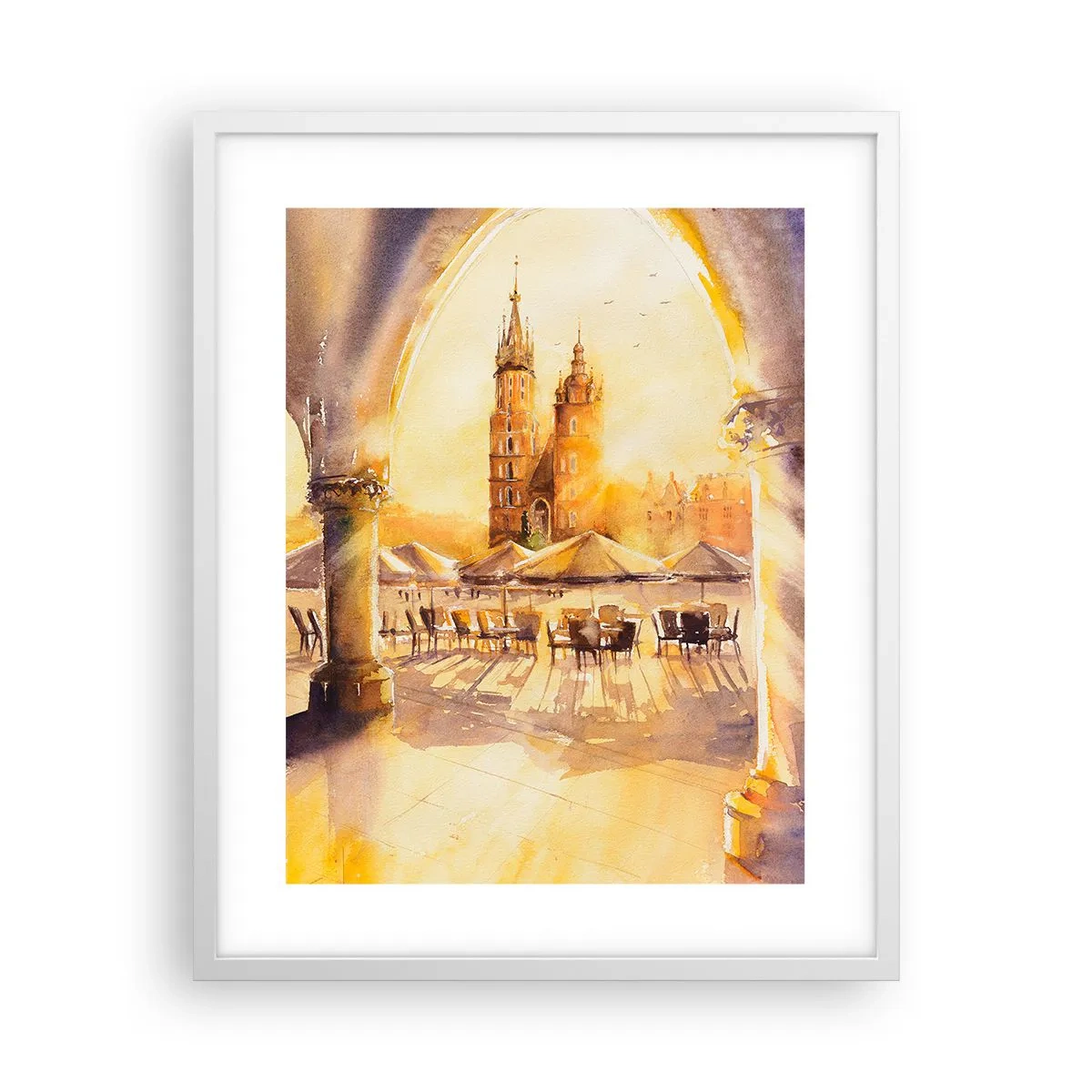 Poster in white frmae - Sunrise over a Crocow Market - 40x50 cm