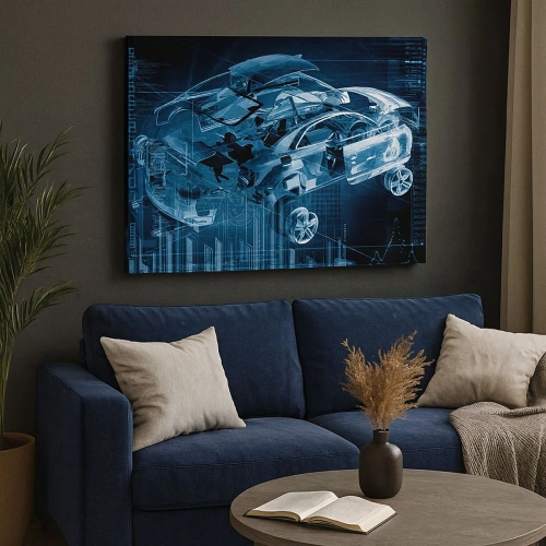Canvas picture - modern technical drawing of a car with structural elements - 70x50cm - Engineering Anatomy - Modern wall decoration for the living room and bedroom ARTTOR