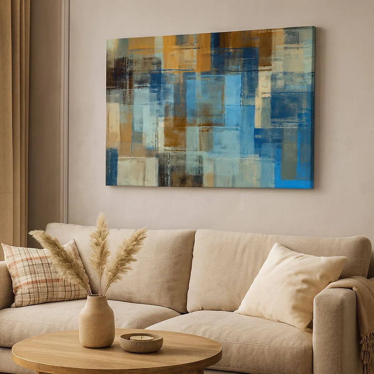 Canvas picture - Abstract geometric composition in shades of blue and brown - 70x50cm - Through Blue Curtain - Modern wall decoration for the living room and bedroom ARTTOR