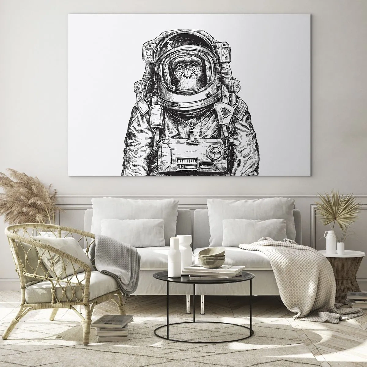 Glass picture - Sketch of a monkey in an astronaut suit on a white background - 70x50cm - Alternative Revolution - Modern wall decoration for the living room and bedroom ARTTOR