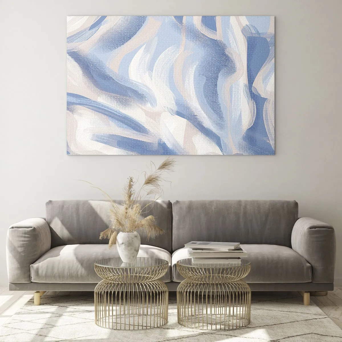 Glass picture - Abstract strokes in blue, white, and beige in a wavy form - 70x50cm - Blue Waves - Modern wall decoration for the living room and bedroom ARTTOR