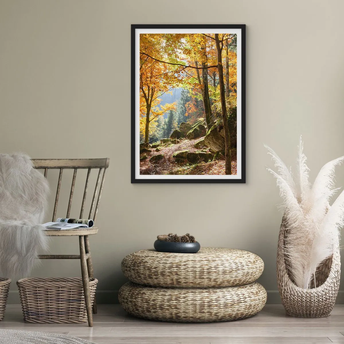Poster in black frame - Autumn forest with sun rays and moss-covered stones - 50x70cm - Time for Rest - Modern wall decoration for the living room and bedroom ARTTOR