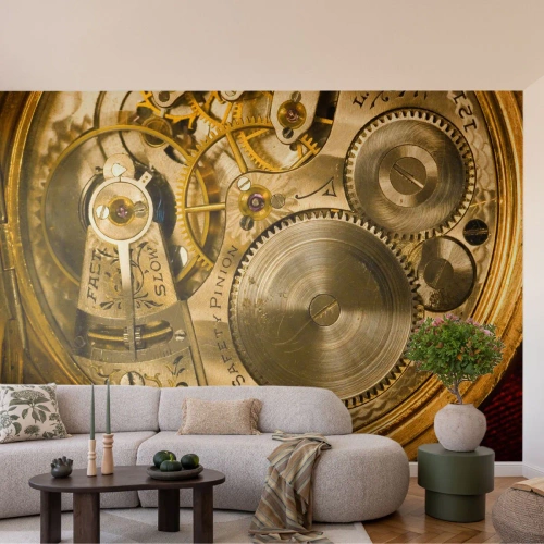 Photo Wallpaper Premium Sand - Follow the Zeitgeist - Clock, Clock Mechanism, Vintage - 250x175 cm
