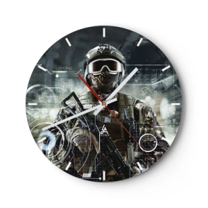 Wall clock - Clock on glass - The figure of a soldier in modern equipment against the background of technological graphics - 30x30cm - Power Squared - Modern wall decoration for the living room, kitchen, and bedroom ARTTOR