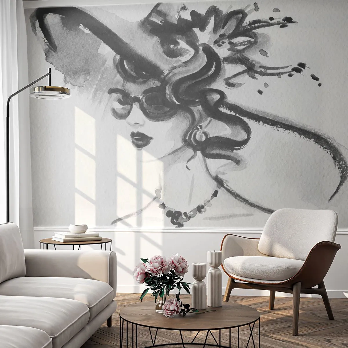Self-Adhesive Photo Wallpaper Deluxe Sticker - Lady with a Character - Woman In A Hat, Woman's Face, Black and white - 250x175 cm