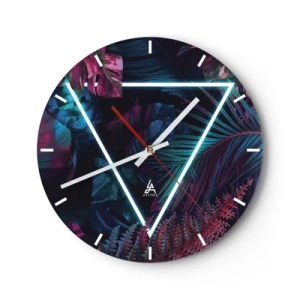 Wall clock - Clock on glass - Tropical Leaves and Ferns with Neon Triangle - 30x30cm - Disco Style Garden - Modern wall decoration for the living room, kitchen, and bedroom ARTTOR