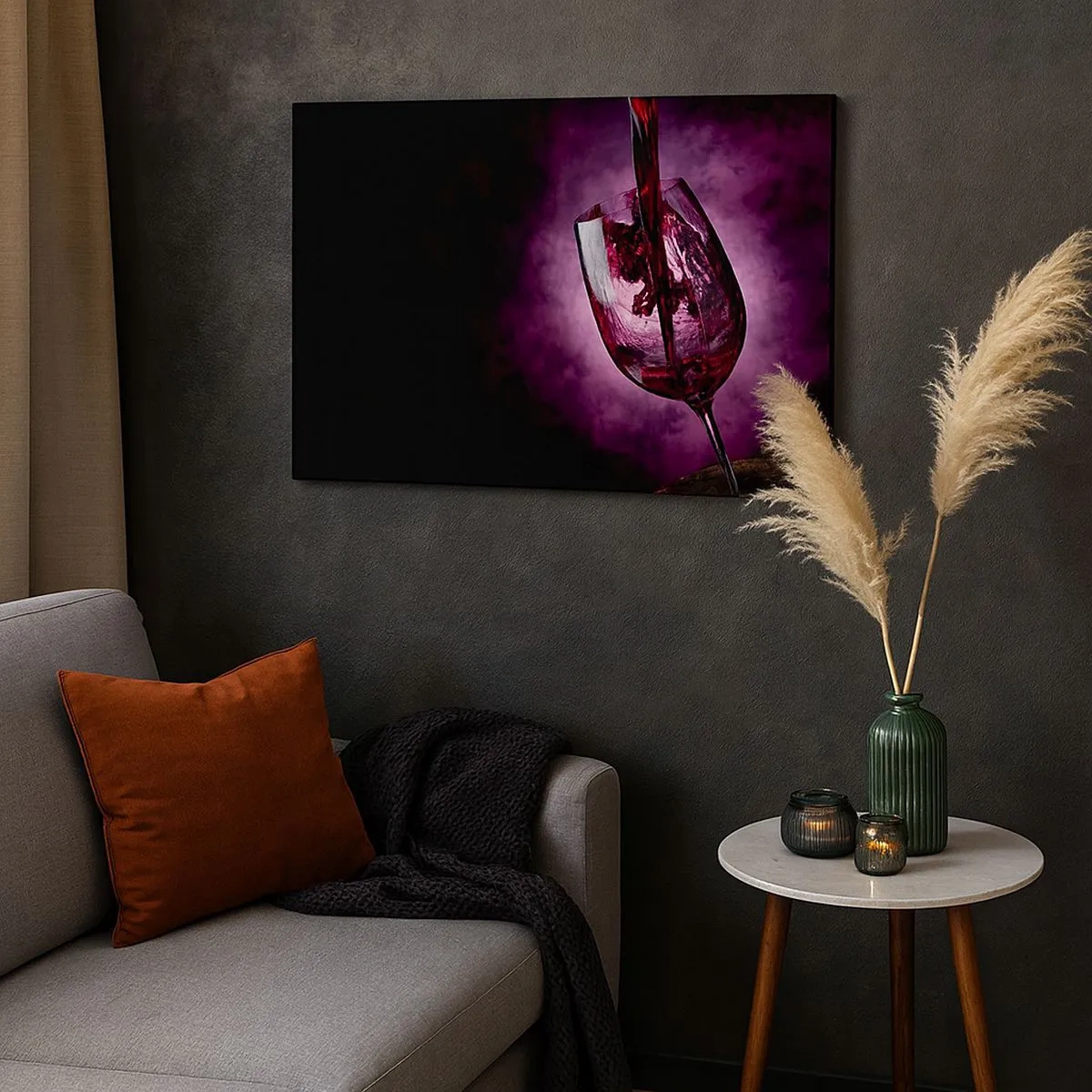 Canvas picture - Red wine being poured into a glass against a background of purple smoke - 70x50cm - Scarlet? Carmine? No, Ruby. - Modern wall decoration for the living room and bedroom ARTTOR