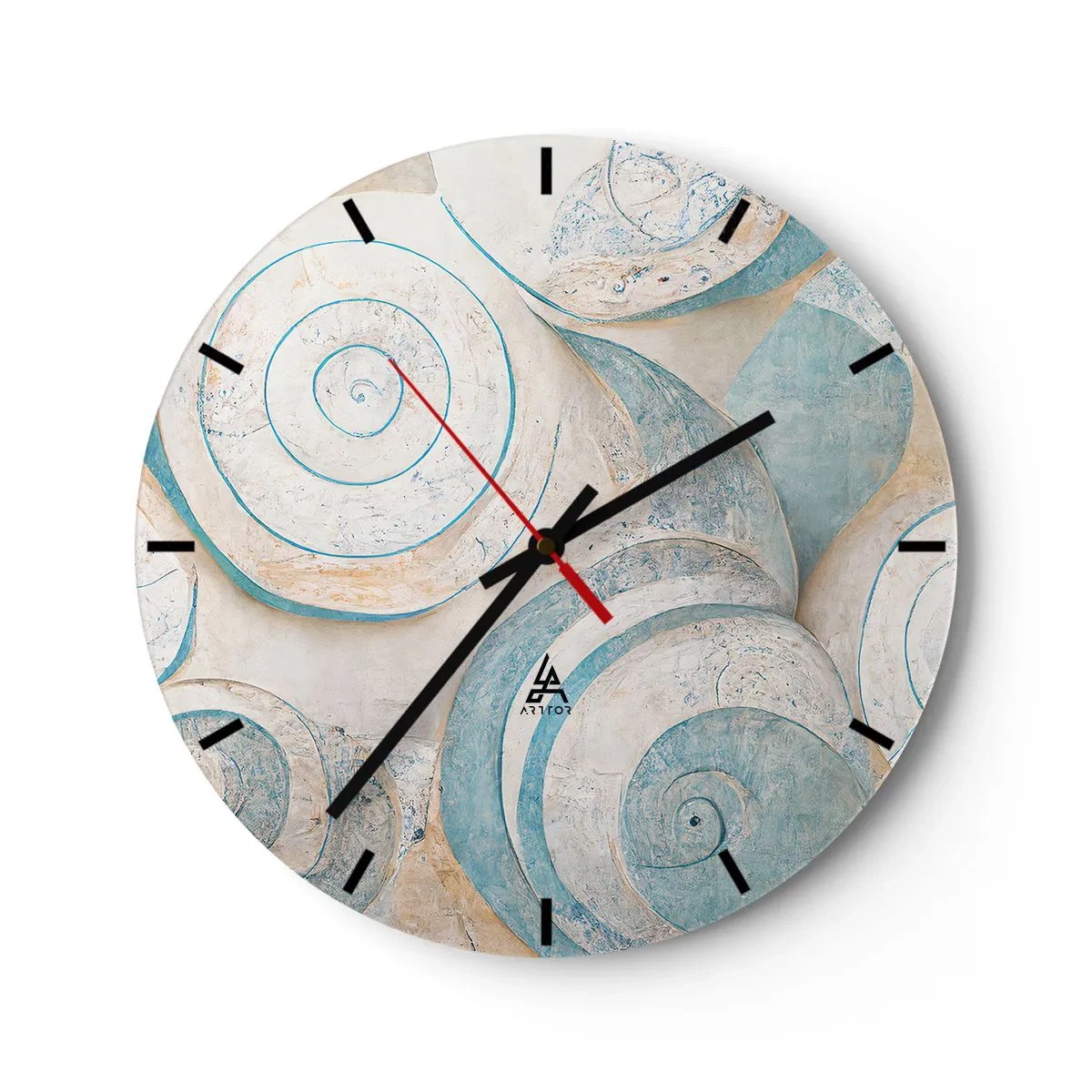 Wall clock - Clock on glass - Artistic seashell-style spirals in shades of blue and beige - 30x30cm - What Does a Shell Hide? - Modern wall decoration for the living room, kitchen, and bedroom ARTTOR