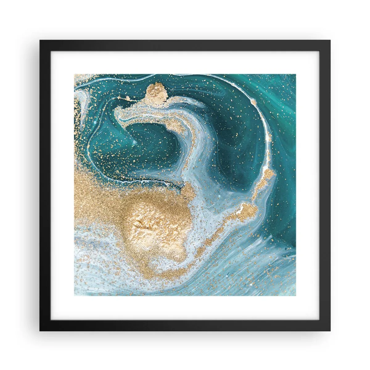 Poster in black frame - Swirl of Gold and Turquiose - 40x40 cm