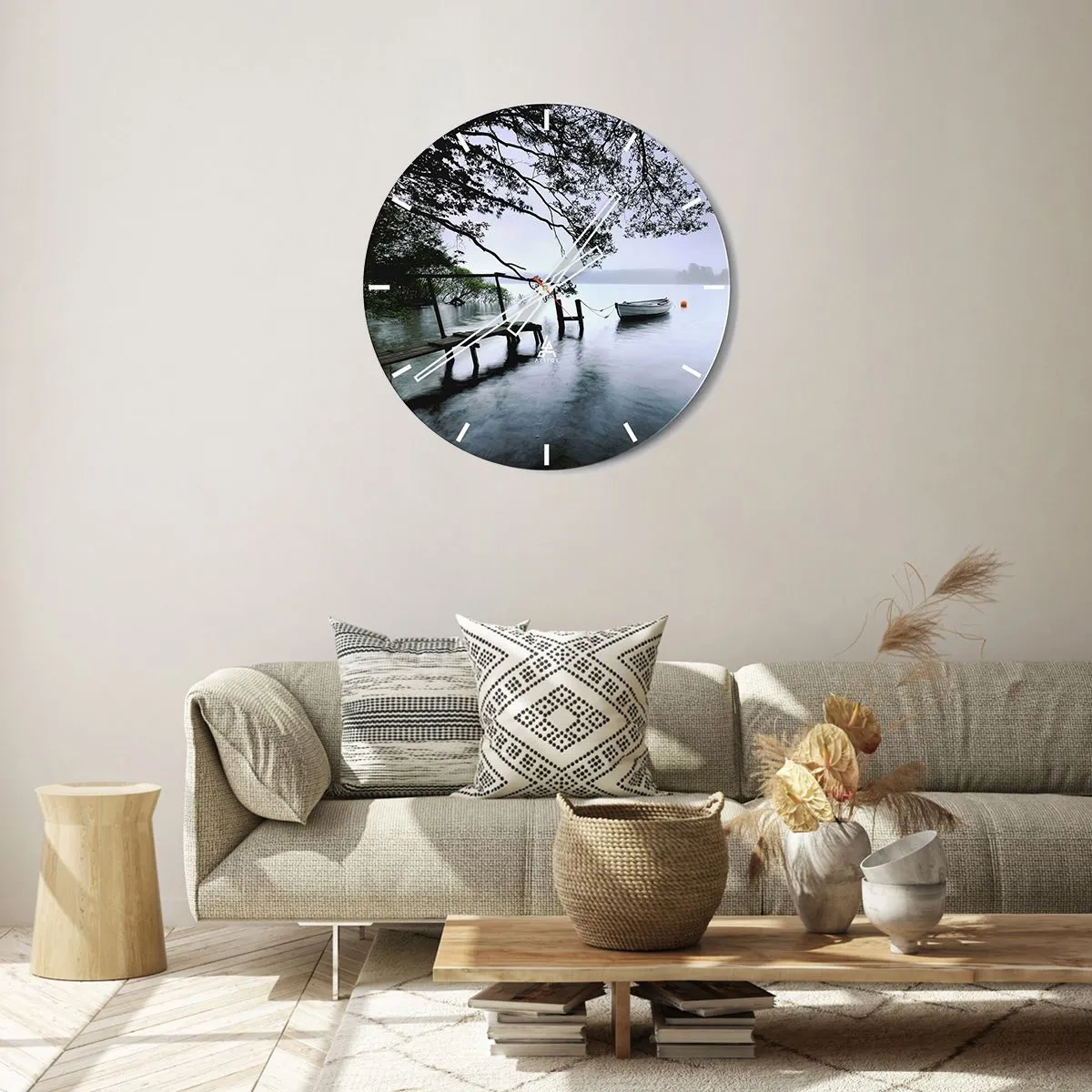 Wall clock - Clock on glass - A boat at a pier surrounded by trees on a calm lake - 30x30cm - You Are Resting Now - Modern wall decoration for the living room, kitchen, and bedroom ARTTOR