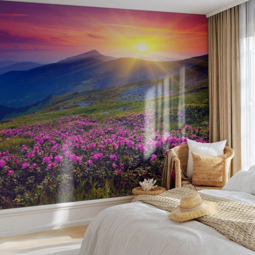 Photo Wallpaper Premium Sand - Surrounded by Mountain Pine and Herbs - Landscape, Mountains, Sunset - 200x140 cm