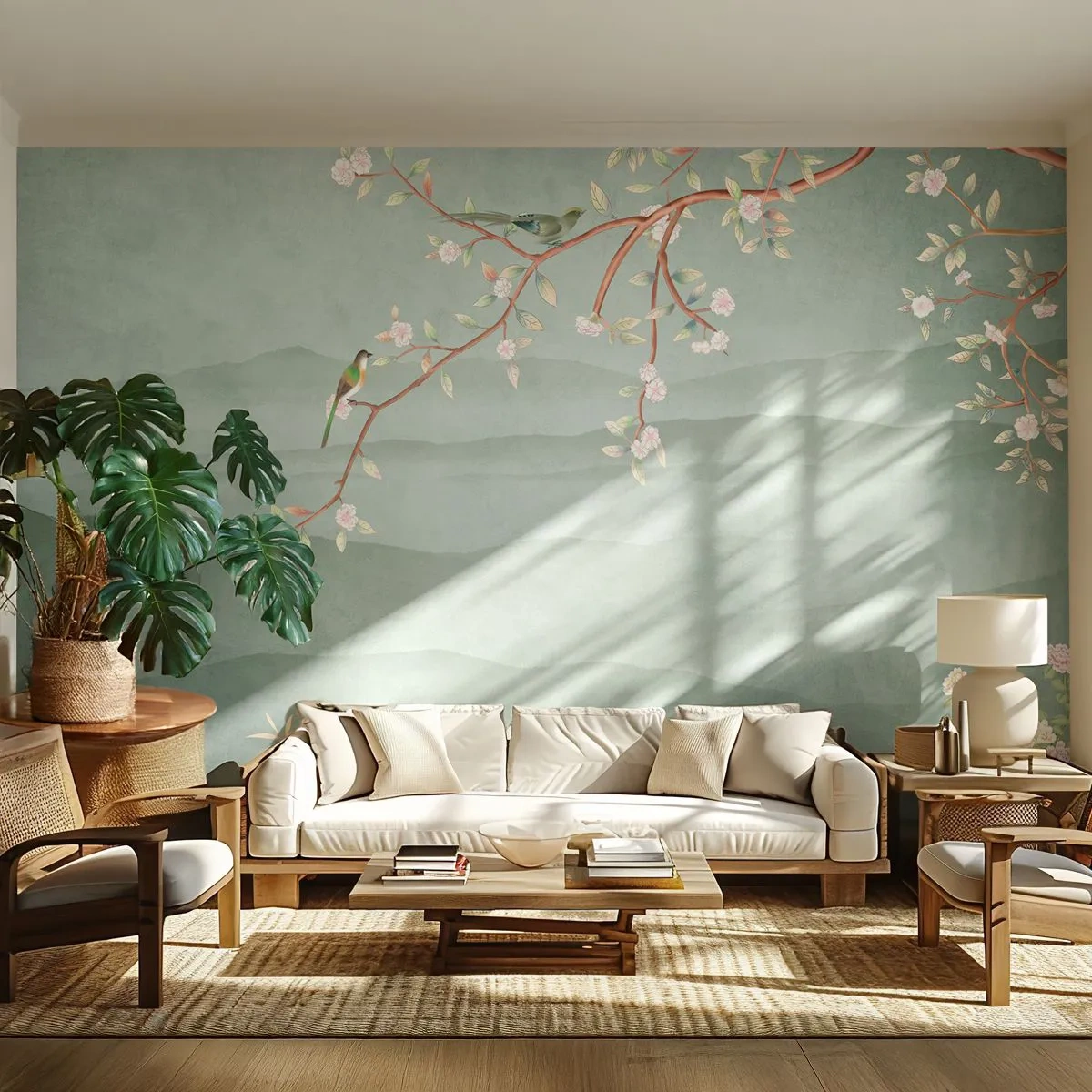 Photo Wallpaper Standard Eco - Spring, It Is You - Pastel, Birds, Flowers - 450x315 cm