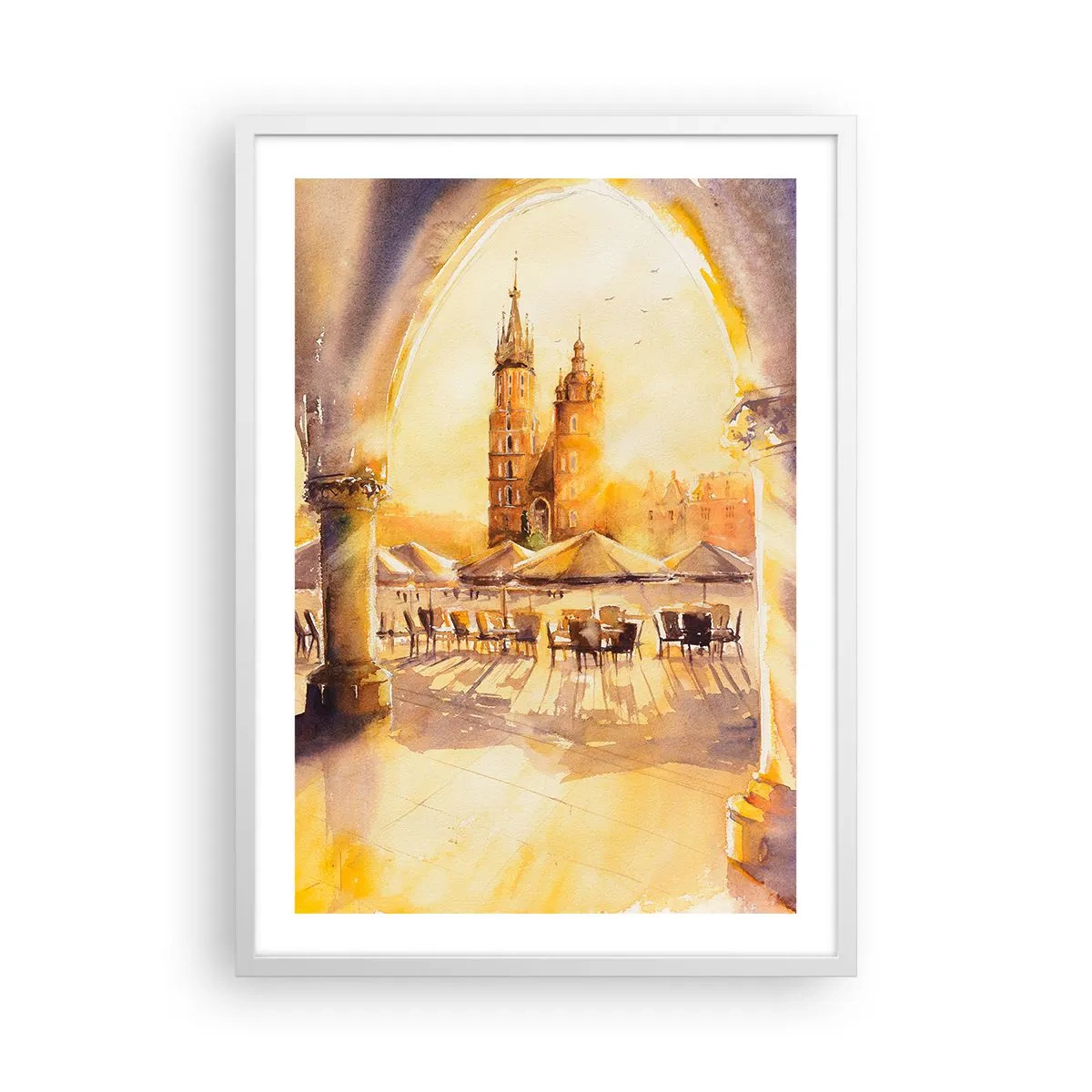 Poster in white frmae - Sunrise over a Crocow Market - 50x70 cm