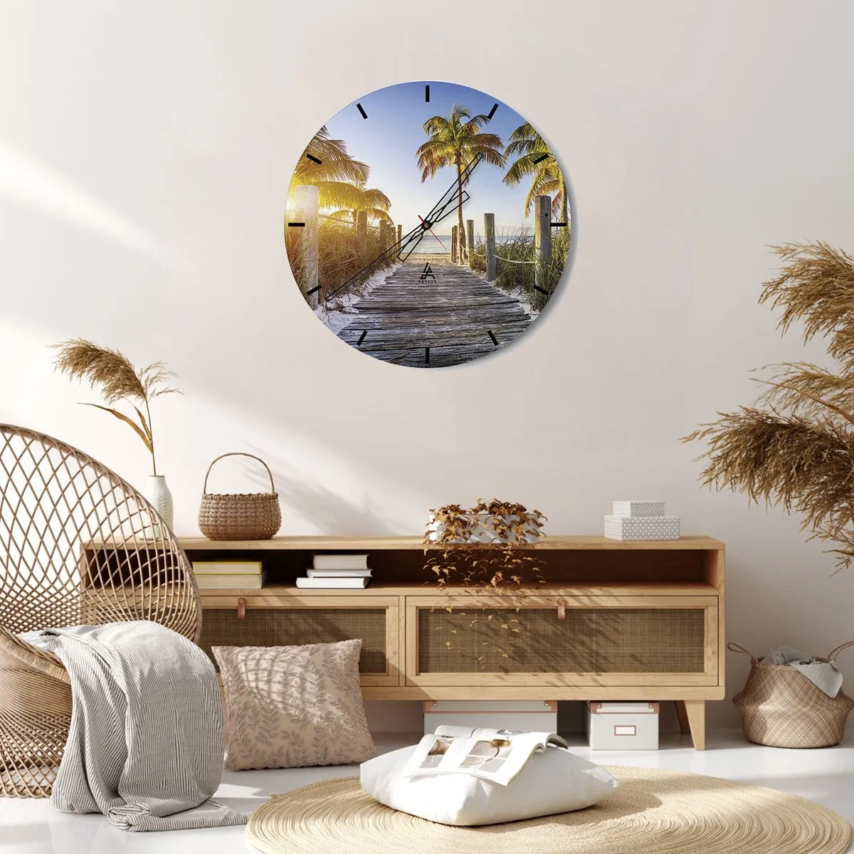 Wall clock - Clock on glass - Wooden jetty in a tropical landscape - 30x30cm - Straight to Paradise - Modern wall decoration for the living room, kitchen, and bedroom ARTTOR