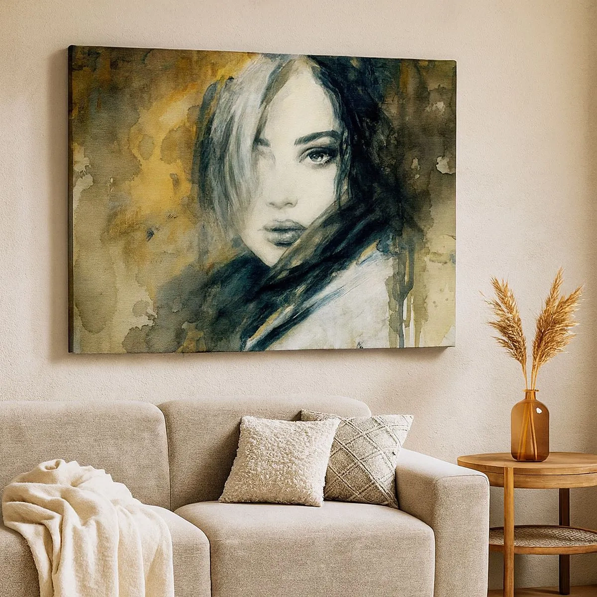 Canvas picture - Portrait of a woman against a background of abstract spots in shades of beige - 70x50cm - More Innocent or Sensual? - Modern wall decoration for the living room and bedroom ARTTOR
