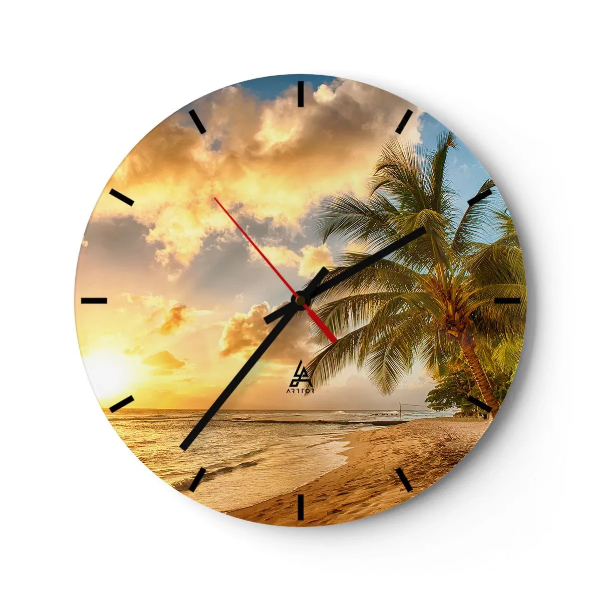 Wall clock - Clock on glass - A clock face with a tropical beach and palm trees motif at sunset. - 30x30cm - Eternal Summer, Always Holidays - Modern wall decoration for the living room, kitchen, and bedroom ARTTOR