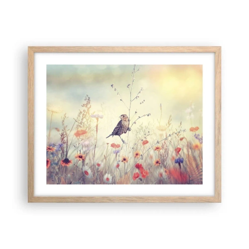 Poster in light oak frame - Bird Portrait with a Meadow in the Background - 50x40 cm