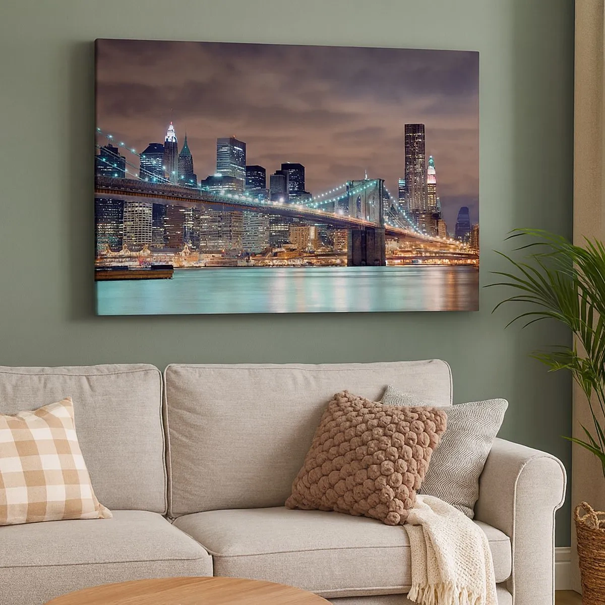 Canvas picture - The bridge illuminated at night against the backdrop of the modern city panorama - 70x50cm - Big City Lights - Modern wall decoration for the living room and bedroom ARTTOR