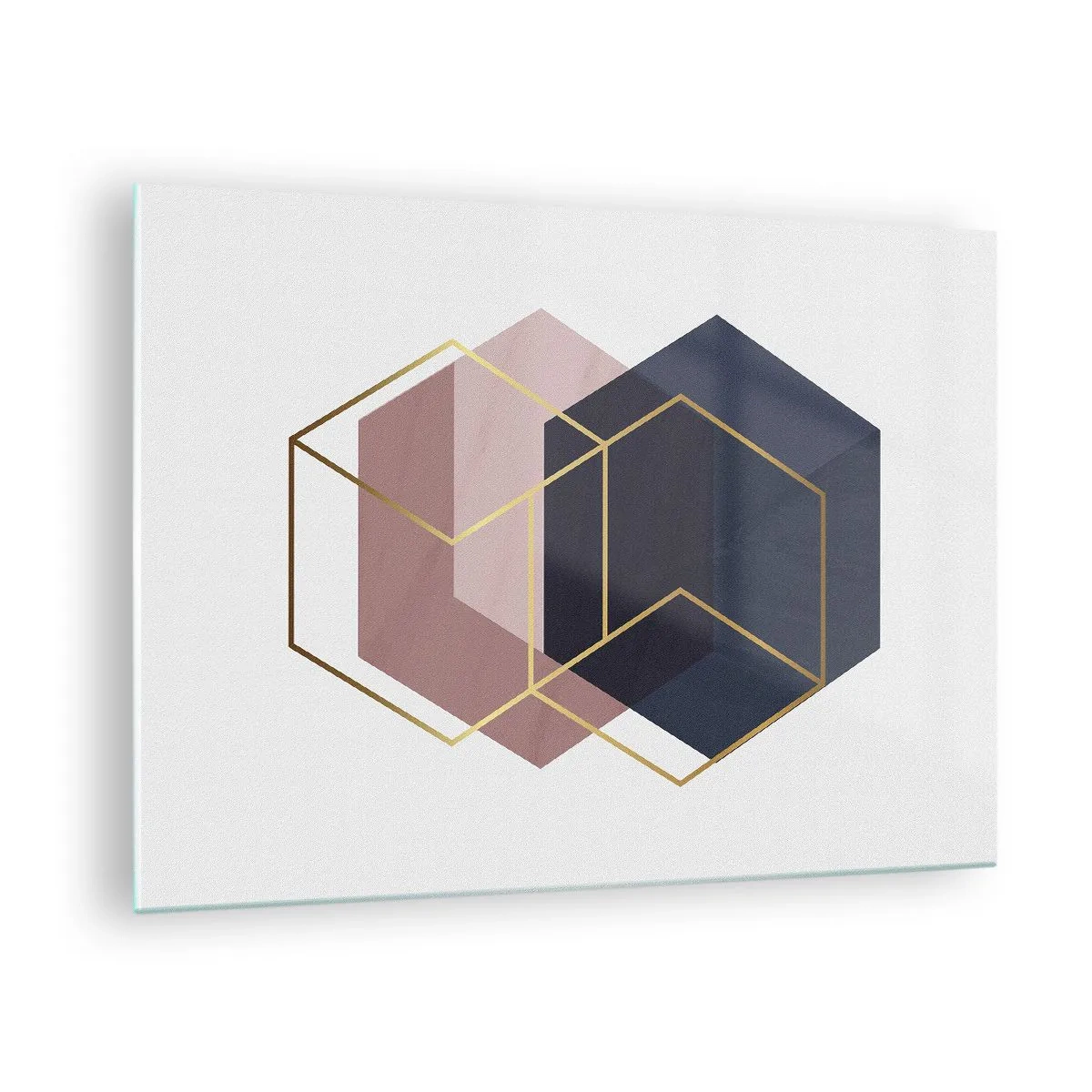 Glass picture - Golden outlines of cubes against a background of navy blue and pink solids - 70x50cm - Power of Simplicity - Modern wall decoration for the living room and bedroom ARTTOR