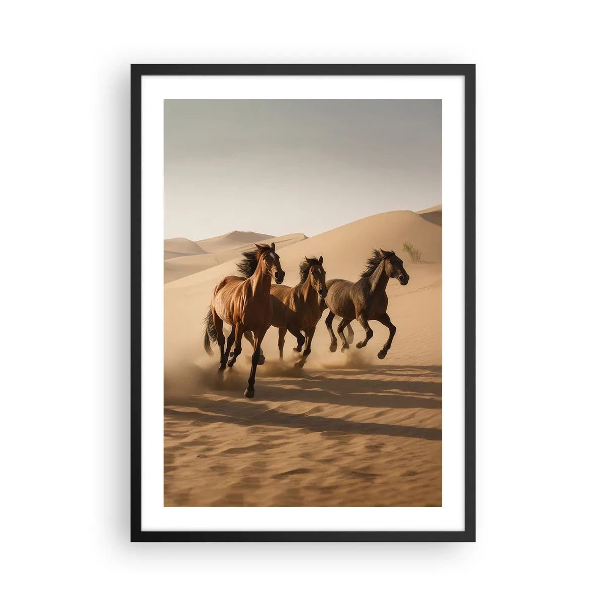 Poster in black frame - Horses galloping in the desert in the warm light of sunset - 50x70cm - Free as a Wind - Modern wall decoration for the living room and bedroom ARTTOR