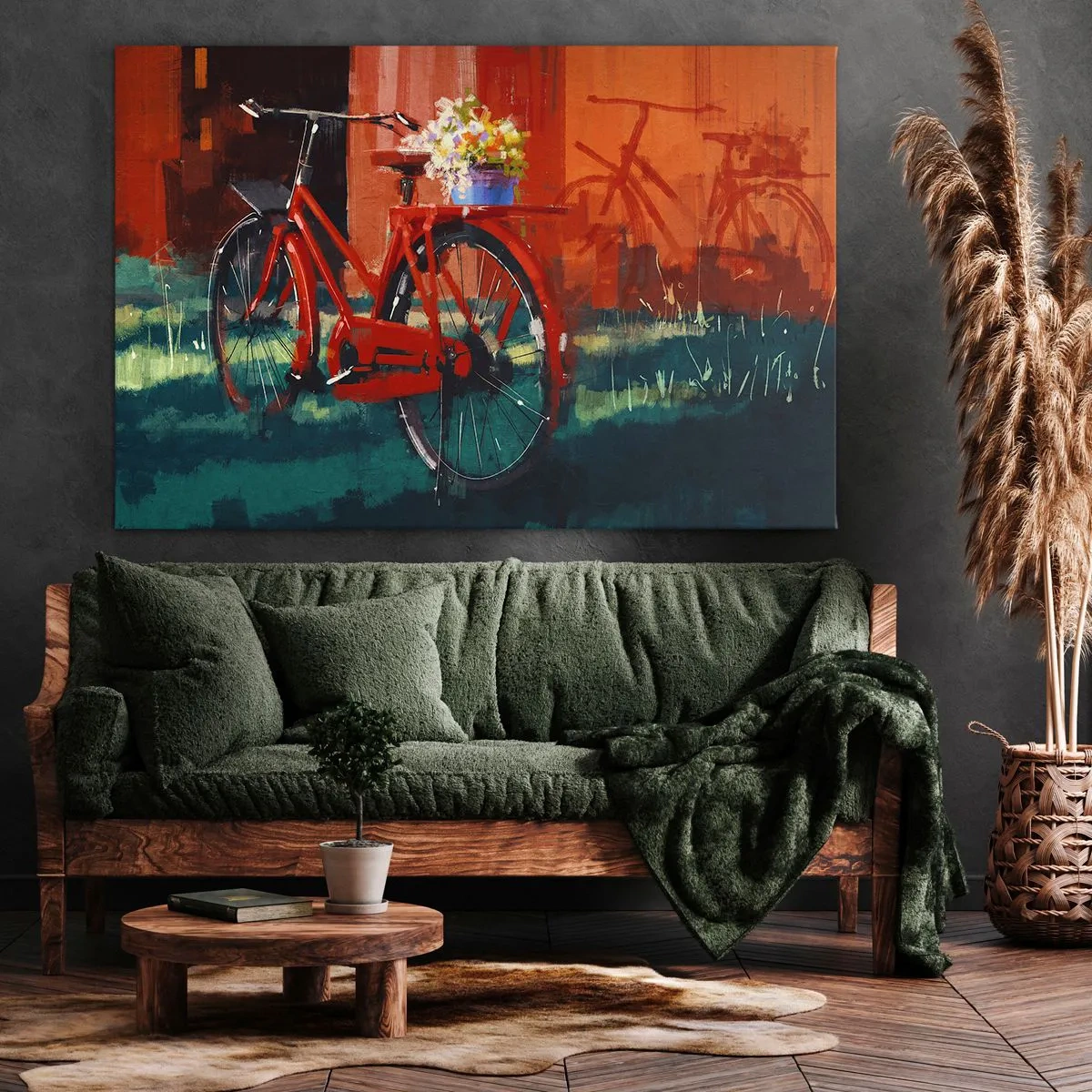 Canvas picture - A red bicycle with flowers against an orange wall - 70x50cm - I Want to Ride My Bicycle - Modern wall decoration for the living room and bedroom ARTTOR