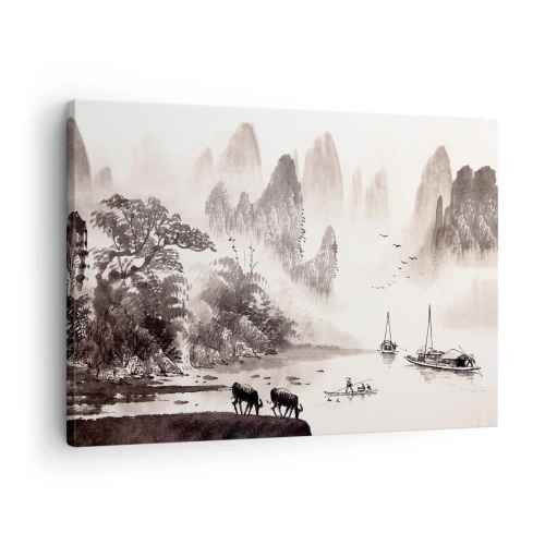 Canvas picture - A picturesque Asian-style landscape with misty mountains - 70x50cm - Everyday Life in the East - Modern wall decoration for the living room and bedroom ARTTOR