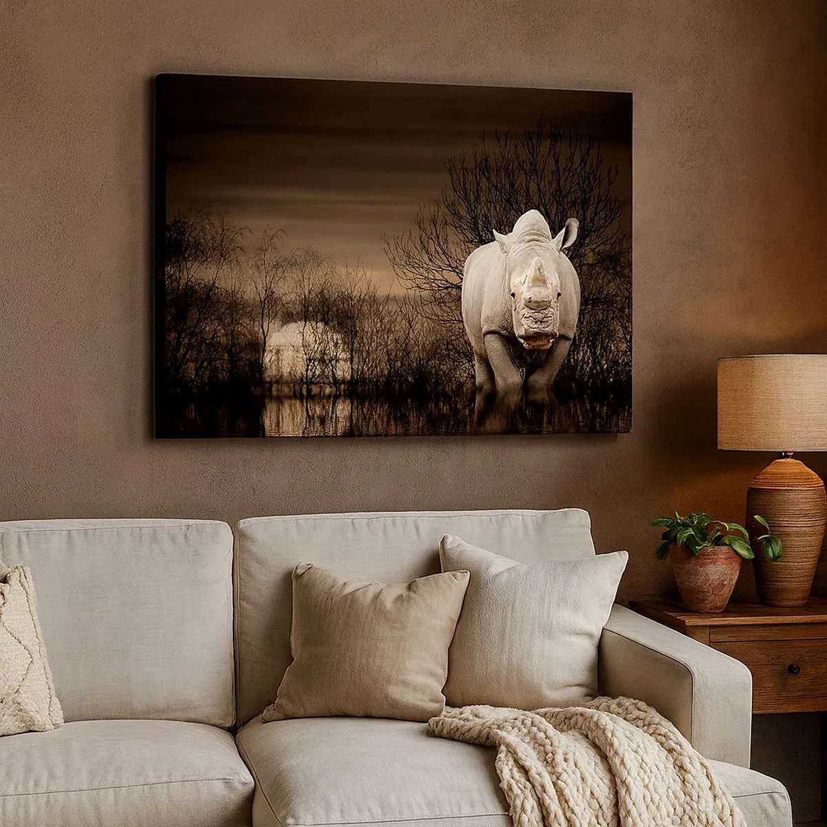Canvas picture - Rhinoceros among trees at sunset, wild nature. - 70x50cm - White against Nature - Modern wall decoration for the living room and bedroom ARTTOR