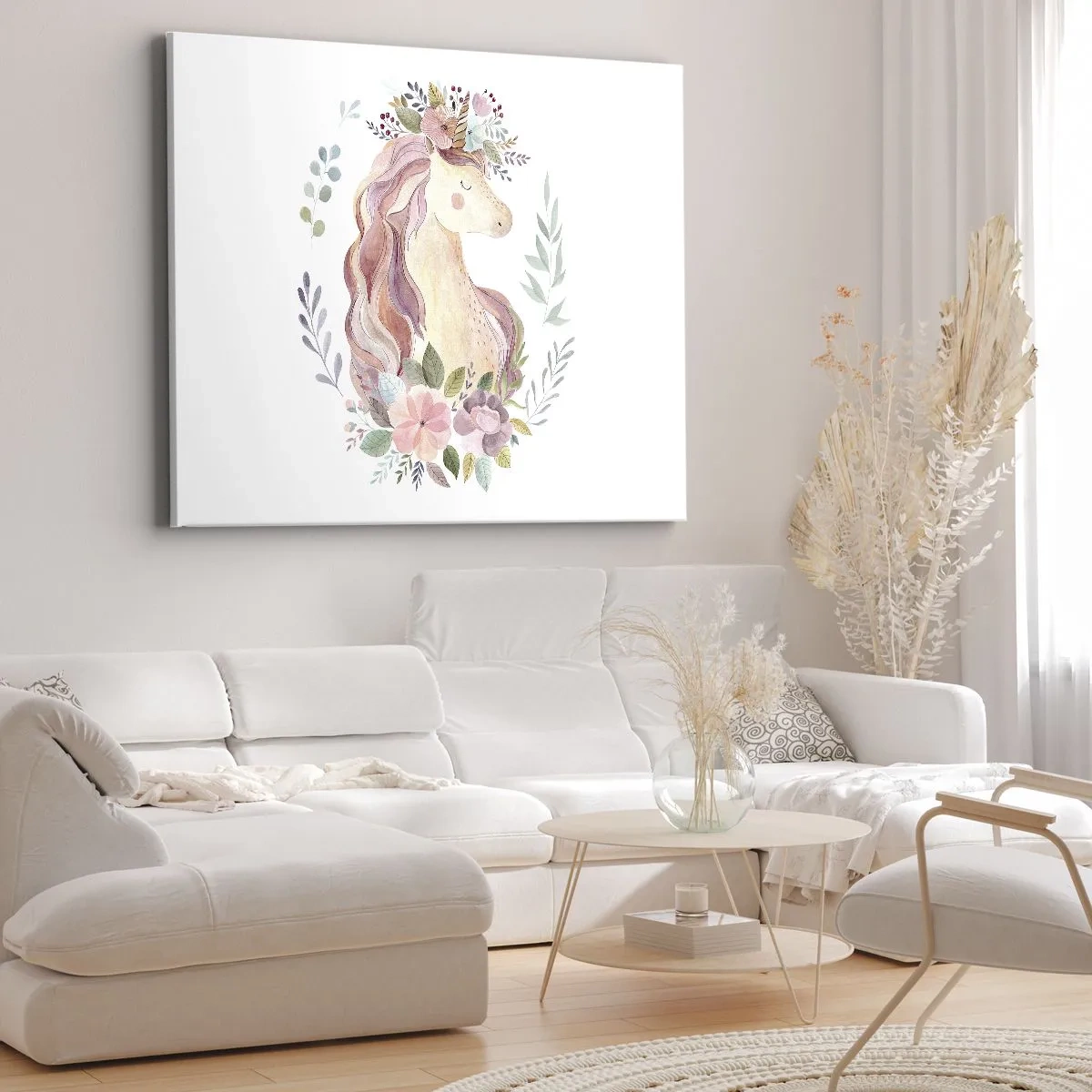 Canvas picture - A unicorn in pastel colors surrounded by flowers - 70x50cm - Invitation to the Fairytale World - Modern wall decoration for the living room and bedroom ARTTOR