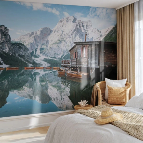 Photo Wallpaper Standard Eco - A wooden house by the lake with mountains in the background - 100x70cm - Crystal, Mountain Morning - Modern wall decoration for the living room and bedroom ARTTOR
