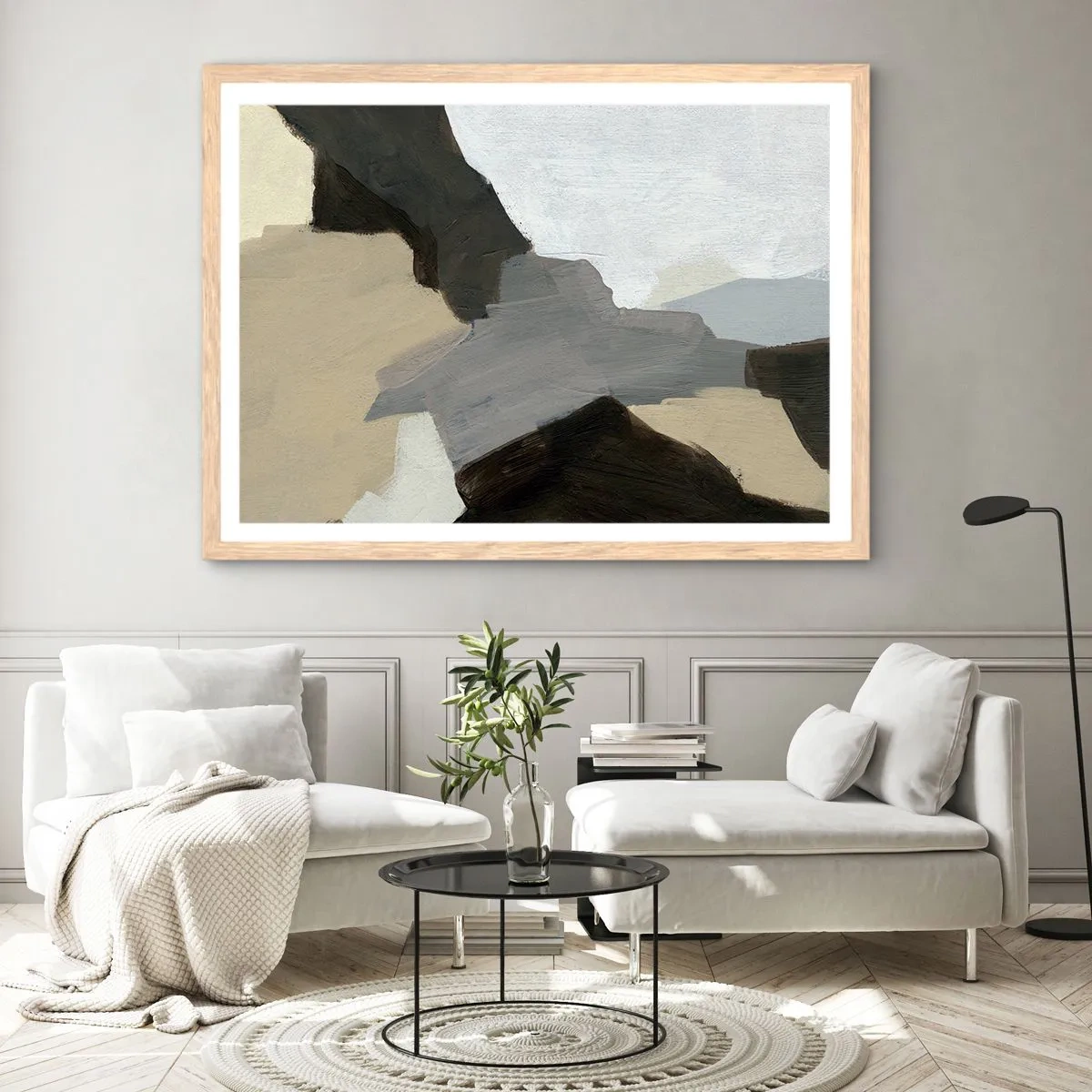 Poster in light oak frame - Abstract: Crossroads of Grey - 70x50 cm